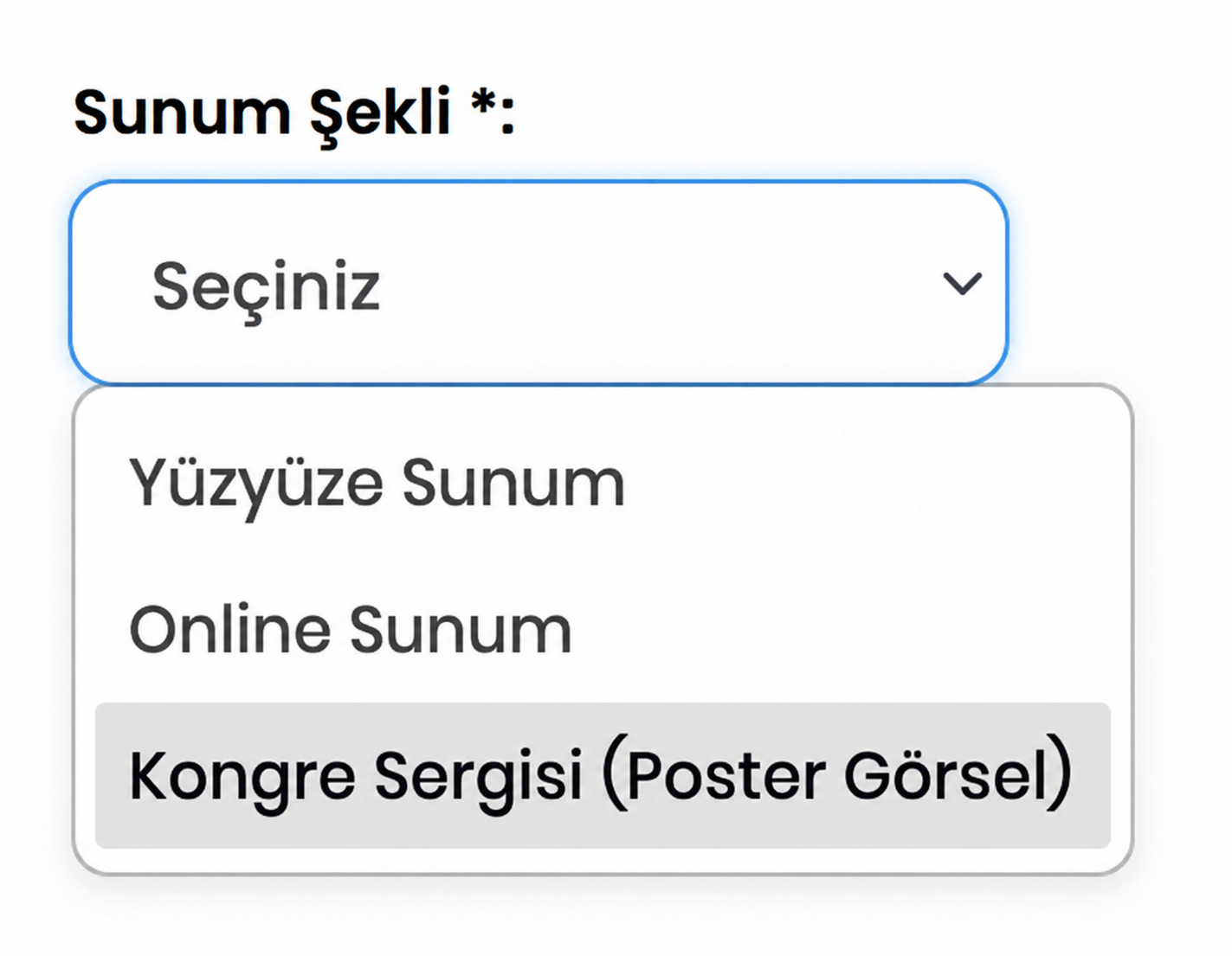 Sunum Şekli alanından Kongre Sergisi (Poster G&ouml;rsel) se&ccedil;eneğinin se&ccedil;ilmesi